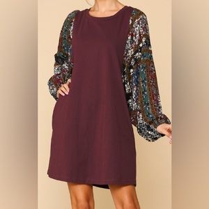 GigiO Burgundy Patch Balloons sleeve Dress